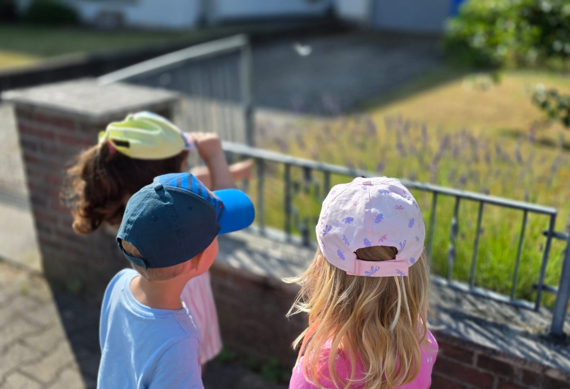 Kinder beobachten einen Schmetterling am Geländer